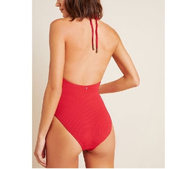 Red Carter Adanna Plunge One-Piece Halter Swimsuit - Picture 2 of 10